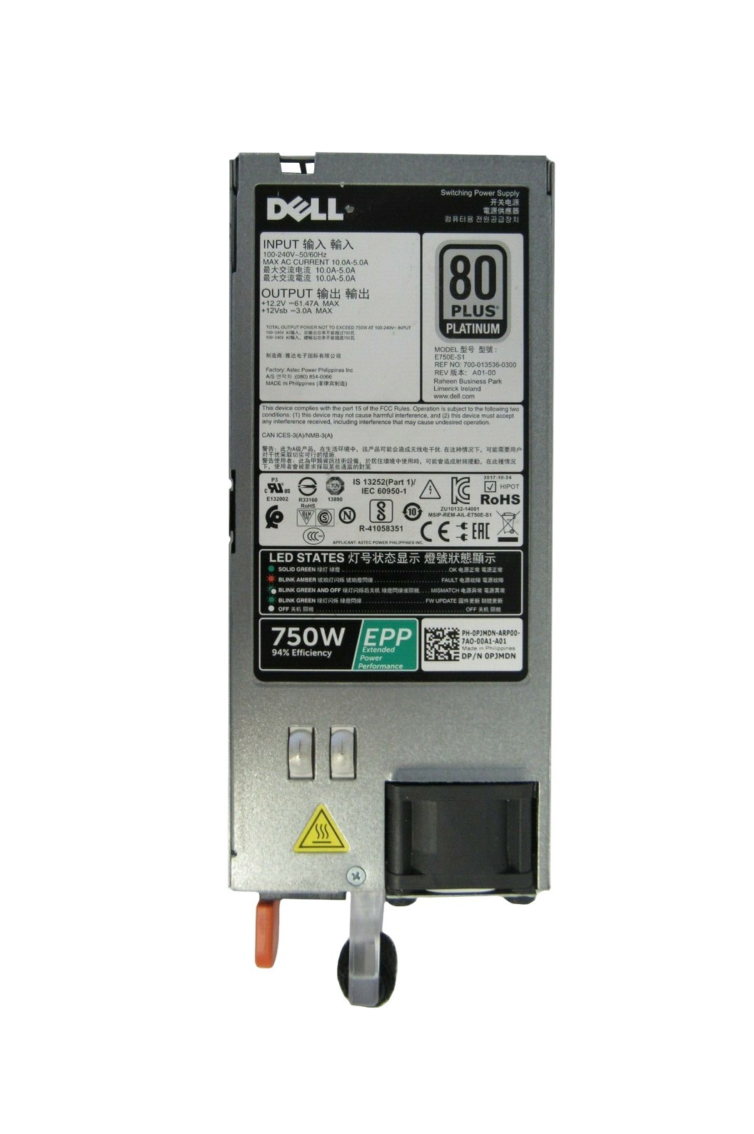 Dell 0PJMDN 750W EPP 80 Plus Platinum Power Supply - usato server PSU R740 R640
