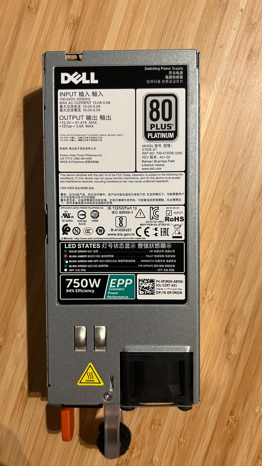 Dell 0PJMDN 750W EPP 80 Plus Platinum Power Supply - usato server PSU R740 R640 - immagine 2